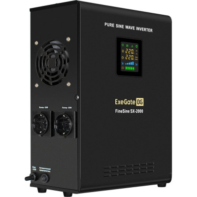 Источник бесперебойного питания ExeGate инвертор синус для котла настенный FineSine SX-2000 LCD AVR 2SH 2000VA/1400W чистая синусоида цветной LCD-дисплей AVR 2 Schuko линейно-интерактивный внешняя батарея 24В до 200Ач настенный Black 296001