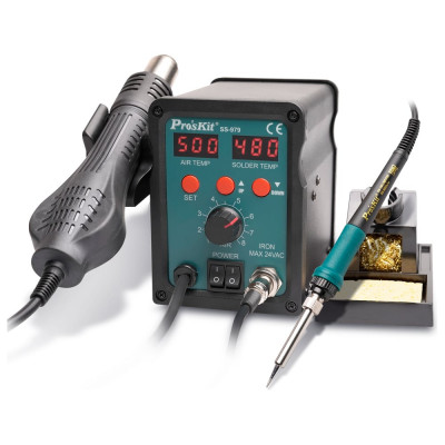Паяльная станция цифровая двухканальная Pro'sKit SS-979B (паяльник 60Вт, фен 120л/мин, LED-индикация, антистатическая защита) С00040315
