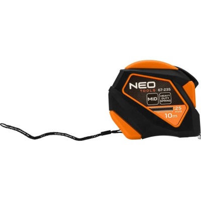 Стальная рулетка NEO TOOLS 10 м, 25 мм, обрезиненный корпус, автоблокировка, кнопка остановки, магнит 67-235