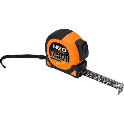 Стальная рулетка NEO TOOLS Super Black 5 м, 19 мм, автоблокировка, две кнопки остановки, магнит 67-242