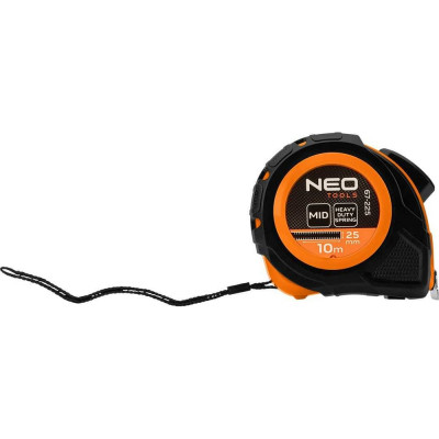Стальная рулетка NEO TOOLS 10 м, 25 мм, обрезиненный корпус, автоблокировка, две кнопки остановки 67-225
