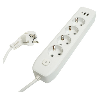Удлинитель STEKKER 4-местный c/з 3x1 мм2, 3 м, 250В, 10А, 2USB+1Type-C 2,4А, серия Home, белый HM08-43-02, 49978