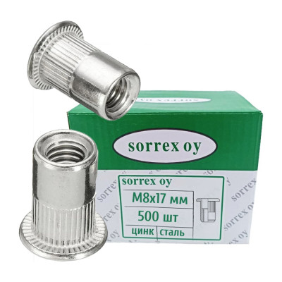 Заклепка гайка резьбовая винтовая SORREX стандартный бортик с рифлением М8x17 (500 штук) PZW-W M8 500