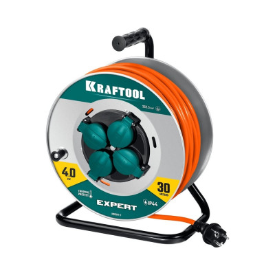 Силовой удлинитель на стальной катушке KRAFTOOL Expert ПВС 3x2.5, 30м 55089-30