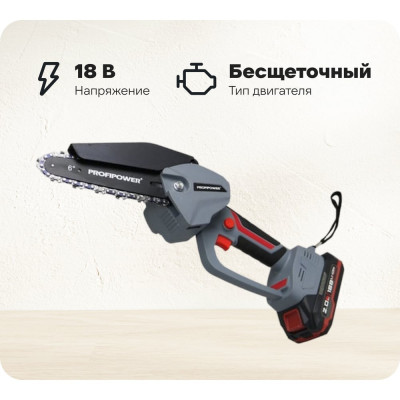 Аккумуляторная бесщеточная цепная пила Profipower MKGST-18V (Li-ion-2шт, 2.0Ач, 0-4500 об/мин, З/У, коробка) E0097