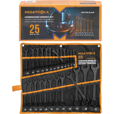 Ключи комбинированные MEGATOOLS набор 25 предметов (6-19, 21, 22, 24, 27, 30, 32мм) MT-5261PD BLACK(64643)