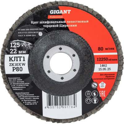 Круг лепестковый 125x22,2 мм; P80; цирконий, 10 шт Gigant Professional GNT-P80-10