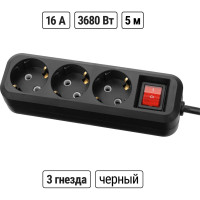 Удлинитель сетевой TDM ELECTRIC с выключателем, 3 розетки, 5 метров, с заземлением, 16 А, 3680 Вт, черный, SQ1303-1432