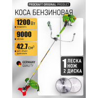 Коса бензиновая двухтактная PROCRAFT 42,7 см3, 1.63 л.с. леска+2 диска+нож, неразборный вал Т4500