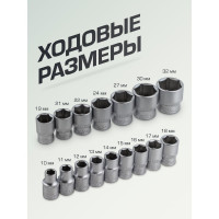 Набор головок шестигранных 16 предметов, 1/2" DR (10, 11, 12, 13, 14, 15, 16, 17, 18, 19, 21, 22, 24, 27, 30, 32 мм на планке) Forsage F-4161-5