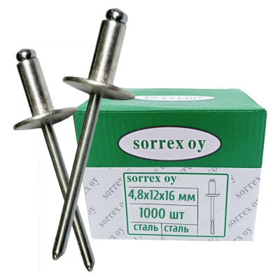 Заклепка SORREX широкий бортик 16 мм, сталь/сталь, 4,8x12, 1000 шт. SSLA 48120 1000