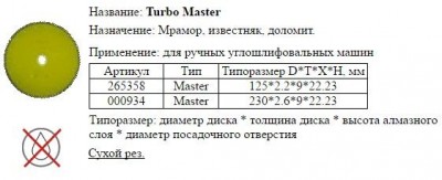 Диск отрезной алмазный для сухой резки 1a1r 125х2,2х9х22,23 turbo master с непрерывной реж. кромкой (шт)