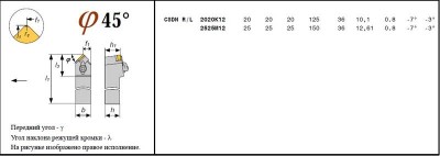 Резец проходной 25х25х150 45° (р2717-83) с квадр. пластиной snun-120408 (шт)