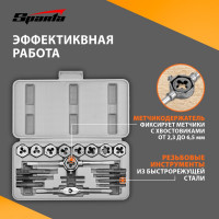 Набор метчиков и плашек М3 - М12, плашко-метчикодержатель (20 предметов в пласт. боксе) SPARTA 773105