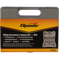 Набор метчиков и плашек SPARTA М3-М12, плашко-метчикодержатель, 40 предметов, в пластиковом боксе 773155