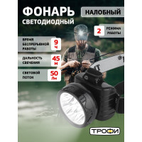 Налобный аккумуляторный светодиодный фонарь ТРОФИ TG9 9xLED мощный яркий 2 режима C0045557