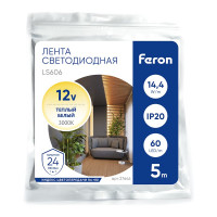 Светодиодная лента FERON LS606, 60SMD(5050)/м, 14.4Вт/м, 5м, IP20, 12V 3000К27646