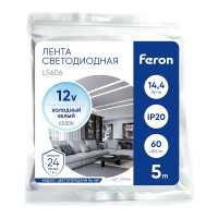 Cветодиодная LED лента FERON LS606, 60SMD(5050)/м, 14.4Вт/м, 5м, IP20, 12V 6500К 27644