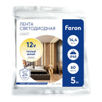 Cветодиодная лента FERON LED LS607, 60SMD(5050)/м 14.4Вт/м 5м IP65 12V 3000К 27654