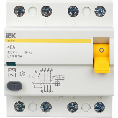 Выключатель дифференциального тока IEK 4п 40A 300mA тип AC ВД1-63 ИЭК MDV10-4-040-300
