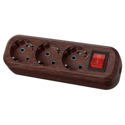 Колодка для удлинителя TDM ELECTRIC на 3 гнезда 2П, с заземлением, с выключателем 16А 250В "Эко" (бук) SQ1806-0063