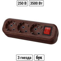 Колодка для удлинителя TDM ELECTRIC на 3 гнезда 2П, с заземлением, с выключателем 16А 250В "Эко" (бук) SQ1806-0063