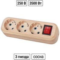 Колодка для удлинителя TDM ELECTRIC на 3 розетки 2П, с заземлением, с выключателем 16А 250В "Эко" (сосна) SQ1806-0049