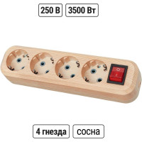 Колодка для удлинителя TDM ELECTRIC на 4 гнезда 2П, с заземлением, с выключателем 16А 250В "Эко" (сосна) SQ1806-0052