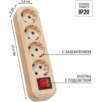 Колодка для удлинителя TDM ELECTRIC на 4 гнезда 2П, с заземлением, с выключателем 16А 250В "Эко" (сосна) SQ1806-0052