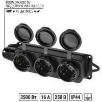 Розетка TDM ELECTRIC трехместная с заглушками каучук 2Р+РЕ 16А 250В IP44 SQ0612-0008