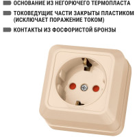 Розетка открытой установки с защитными шторками 2П+З IP20 16А, слоновая кость TDM ELECTRIC Ладога SQ1801-0064