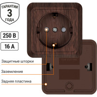 Розетка TDM ELECTRIC 2П+З открытой установки с защитными шторками IP20 16А, бук, серия "Ладога" SQ1801-0038