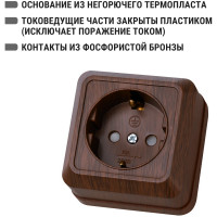 Розетка TDM ELECTRIC 2П+З открытой установки с защитными шторками IP20 16А, бук, серия "Ладога" SQ1801-0038