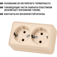Двойная розетка открытой установки 2П+3 IP20 16А, слоновая кость TDM ELECTRIC Ладога SQ1801-0020