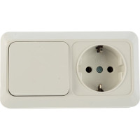 Горизонтальный блок: одноклавишный выключатель + розетка с заземлением, белый UNIVersal Олимп О0032