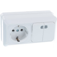 Горизонтальный блок: двухклавишный выключатель c подсветкой + розетка с заземлением, белый UNIVersal Олимп О0037