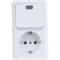 Вертикальный блок: одноклавишный выключатель c подсветкой + розетка с заземлением, белый UNIVersal Олимп О0039