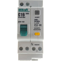 Автоматический выключатель дифференциального тока (АВДТ) DEKraft ДИФ-102, 1 Р+N, хар-ка C, 16 A, 30 мА, тип AC, 4.5 кА 16003DEK