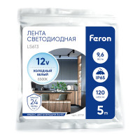 Cветодиодная LED лента FERON 120SMD(2835)/м, 9.6Вт/м, 5м, IP65, 12V, холодный белый LS613 27731