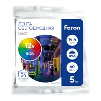 Cветодиодная LED лента FERON 60SMD(5050)/м, 14.4Вт/м, 5м, IP65, 12V, RGB LS607 27651
