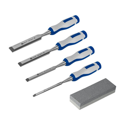 Набор плоских стамесок: 6, 12, 18, 24мм, длина 140мм, CR-V, двухкомпонентные рукоятки, точильный камень, 4шт, кейс КОБАЛЬТ 245-695