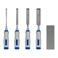 Набор плоских стамесок: 6, 12, 18, 24мм, длина 140мм, CR-V, двухкомпонентные рукоятки, точильный камень, 4шт, кейс КОБАЛЬТ 245-695