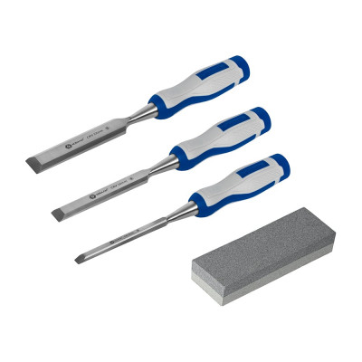 Набор плоских стамесок: 8, 16, 22мм, длина 140мм, CR-V, двухкомпонентные рукоятки, точильный камень, 3шт, кейс КОБАЛЬТ 245-688