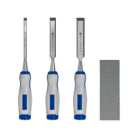 Набор плоских стамесок: 8, 16, 22мм, длина 140мм, CR-V, двухкомпонентные рукоятки, точильный камень, 3шт, кейс КОБАЛЬТ 245-688