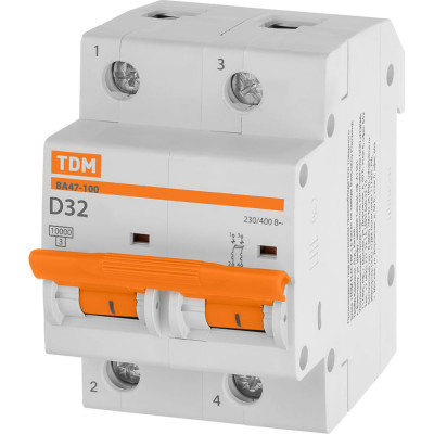 Автоматический выключатель TDM ELECTRIC ВА47-100 2Р 32А 10кА х-ка D SQ0207-0016