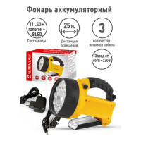 Аккумуляторный фонарь Ultraflash UF3753LED 220В/12В, желтый, 11 LED+ галог, 4В 2Ач, пластик, коробка 8311