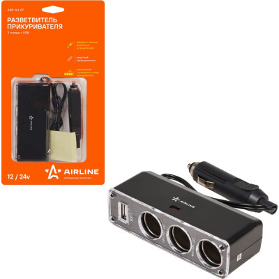 Airline Прикуриватель-разветвитель 3 гнезда + USB (черный) ASP-3U-07