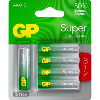 GP Алкалиновые батарейки Super Alkaline G-Tech АA, набор 10 шт. 8+2 GP 15A8/2-CR10