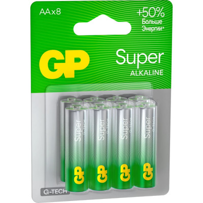 GP Алкалиновые батарейки Super Alkaline G-Tech АA, набор 8 шт. GP 15A-CR8