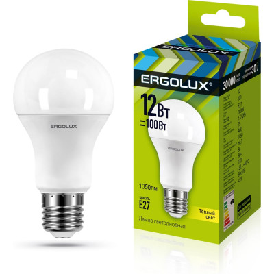 Светодиодная лампа ЛОН Ergolux LED-A60-12W-E27-3K 12Вт E27 3000K 172-265В 12150